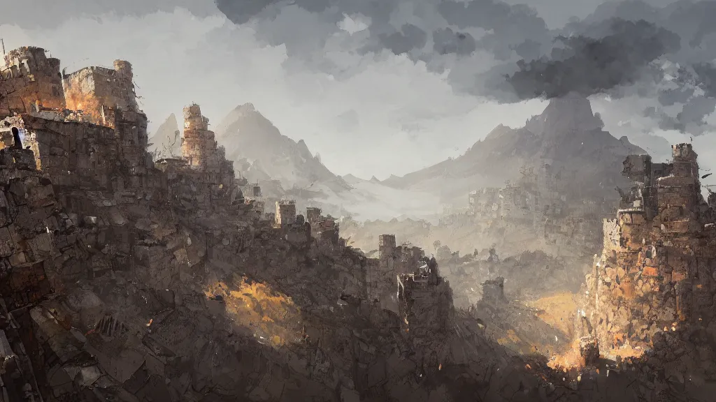 Prompt: top down view of fortified mountain bastion, chimneys, smoke trails, papyrus, watercolored, jakub rozalski, dark colours, dieselpunk, artstation