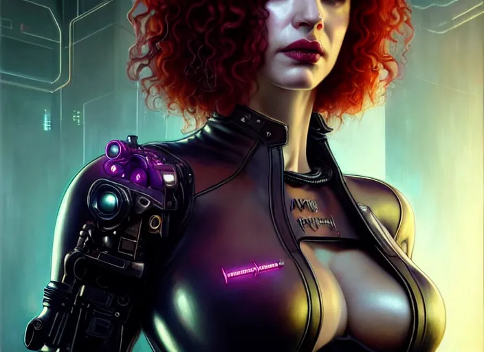 Image similar to portrait shot of a christina hendricks wearing cyberpunk clothing in cyberpunk 2 0 7 7, intricate, elegant, highly detailed, centered, digital painting, artstation, concept art, smooth, sharp focus, illustration, artgerm, tomasz alen kopera, peter mohrbacher, donato giancola, joseph christian leyendecker, wlop, boris vallejo