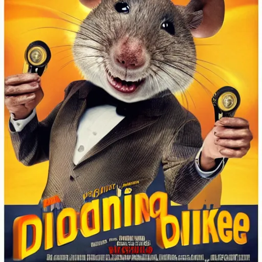 Image similar to movie poster of an anthropomorphic singing rat, starring william dafoe