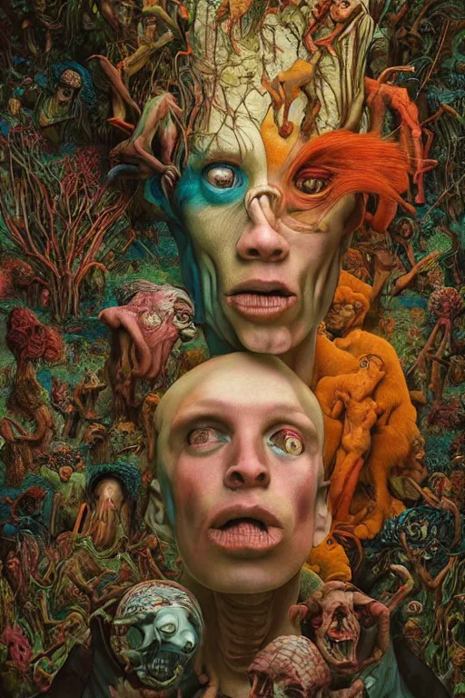 Image similar to 35mm color, humans enslaved by machines, portrait, fashion shoot, freak show, weird, random, strange, hyperdetailed, photorealistic, interesting, by David la chapelle and karol bak and david cronenberg and WETA digital, art by Zdzisław Beksiński, Ivan Bilibin, Dariusz Zawadzki , ID magazine, octane rendering, cinematic, hyperrealism, octane rendering, 8k, depth of field, bokeh.