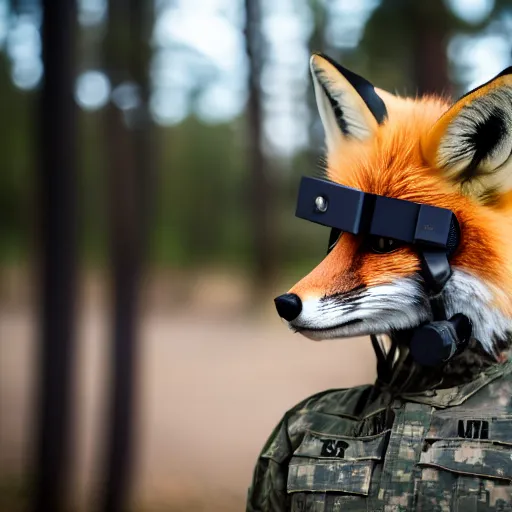 Prompt: a Fox dressed in a modern American military soldier uniform with night vision goggles, 85mm f/1.4