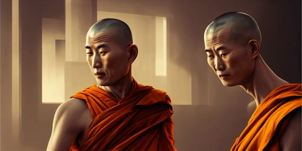 Image similar to Ultra realistic illustration, buddhist monk looking at himself in the mirror, cyberpunk, sci-fi, fantasy, intricate, elegant, highly detailed, digital painting, artstation, concept art, smooth, sharp focus, illustration art in the style of artgerm, by greg rutkowski, by moebius, rendered in octane render,