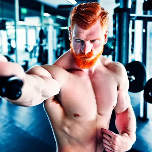 Prompt: 8 k insanely detailed high quality selfie photo of a ginger handsome roided out gym bro doing going into roid rage at the gym, beautiful sexy handsome symmetrical face