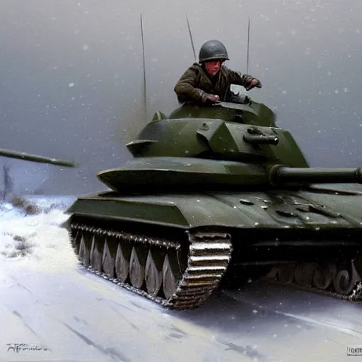 Prompt: greg manchess painting of a tank fight in the world war two in winter with a heavy snow storm, painting, trending on artstation, by huang guangjian and gil elvgren and sachin teng