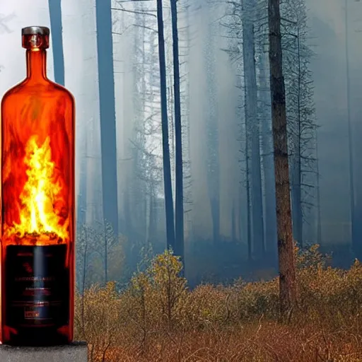 Prompt: an award - winning photo of a translucent glass vodka bottle in the shape of a propane cylinder with a blazing forest fire surrounding it