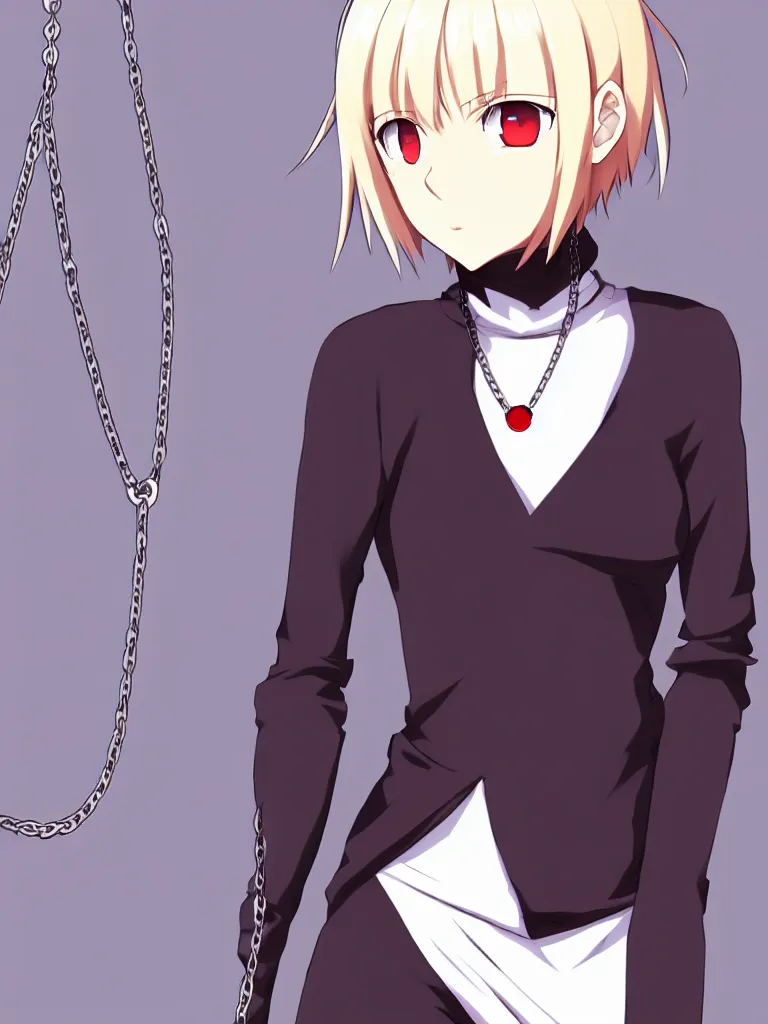 Image similar to beautiful girl with red eyes, short blonde hair, ahoge hair, wearing a white turtleneck sweater, wearing a detailed chain-link necklace, arcueid, in the style of type-moon studios, extremely clean lines, anime and manga style