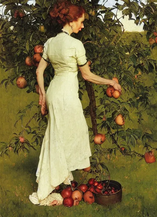 Image similar to illustration full body portrait of elegant slim mature woman standing in orchard, by norman rockwell, roberto ferri, daniel gerhartz, tom lovell, dean cornwell