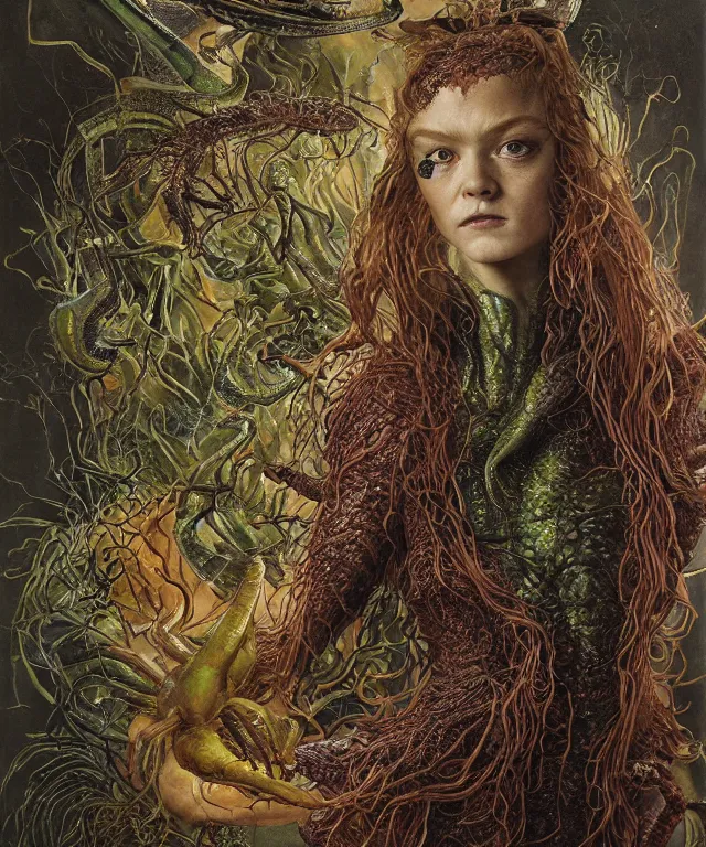 Prompt: a portrait photograph of a fierce sadie sink as an alien harpy queen with slimy amphibian skin. she is trying on evil bulbous slimy organic membrane fetish fashion and transforming into a fiery succubus amphibian mantis. by donato giancola, walton ford, ernst haeckel, brian froud, hr giger. 8 k, cgsociety