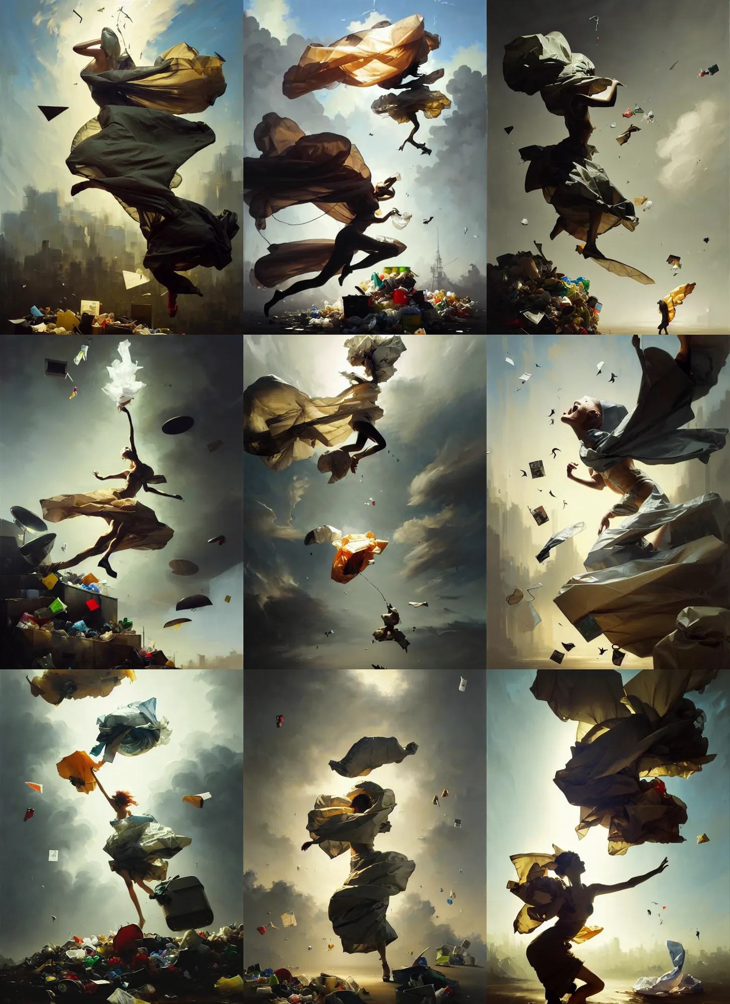 Prompt: fine art oil painting of a plastic garbage bag and garbage flying around, perspective, ultra detailed, elegant, intricate, dynamic lighting, hyperrealism, sharp focus, art by peter mohrbacher and ashley wood and magali villeneuve