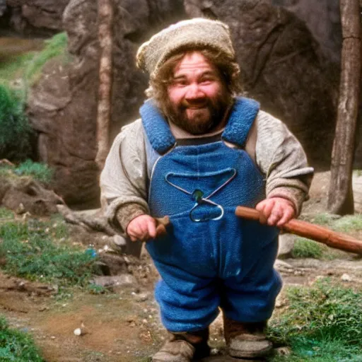 Image similar to a pudgy dwarf wearing blue overalls with a pocketful of gems holding a pickax, high resolution film still, HDR color, movie by Wolfgang Petersen and Peter Jackson