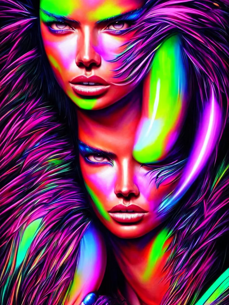Prompt: Portrait face fronting of Adriana Lima wearing epic bionic cyborg implants of diferent neon colors, beautiful plumes of technicolor smoke erupt from implants by Dan Mumford and Naoto Hattori and Aldo Katayanagi, extremely beautiful and proportionate face, in the aesthetic of mert and marcus, masterpiece, intricate, elegant futuristic wardrobe, highly detailed, digital painting, artstation, concept art, crepuscular rays, smooth, sharp focus, illustration, background is made of stars and vibrant space nebula, neon cyberpunk vibrant colors, volumetric lighting, art by artgerm and james jean and Nick Sullo