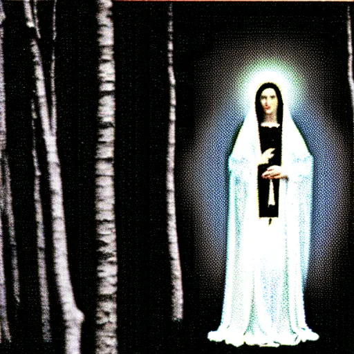 Prompt: marian apparition in forest, found footage, vhs, 1 9 9 0, beautiful, highly realistic, highly detailed, vhs noise static, black and white, vhs glitch