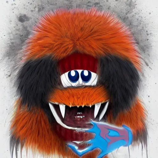 Image similar to scary anime Portrait of horrific Youppi the Habs Montreal Canadiens Mascot as a very dead powerful and violent pokemon, Youppi devouring Boston Bruins Bear Logo, lots of Bruins Bear Blood, highly detailed anime, high evolution, 1990s, haunted shiny legendary, darkness, smooth, sharp focus, dynamic lighting, intricate, trending on ArtStation, stuff of nightmares, illustration pokemon, art by WLOP