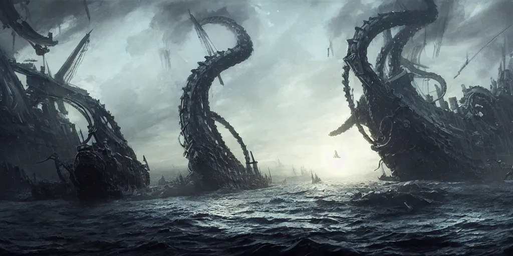 Image similar to A medieval ship flotilla is getting destroyed by a giant kraken monster at sea. In style of Yoji Shinkawa and Hyung-tae Kim, trending on ArtStation, Greg Rutkowski, dark fantasy, great composition, concept art, highly detailed, scenery.