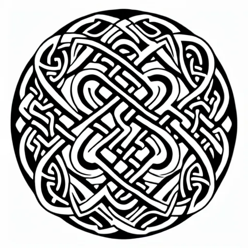 Image similar to a circular vector tattoo design with a shinto influence. art nouveau, celtic knots, curvilinear, recursive.