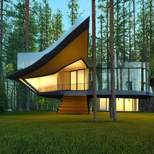 Image similar to a modern house in the woods. the house is the shape of a mobius strip with large picture windows. there are pine trees all around. digital art, 3 d render.