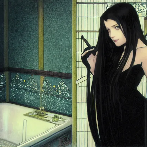 Prompt: photo of lonely young girl エウリン with straight long black hair wearing black dress that sitting on bathroom floor, model エリサヘス ・ セイモア from acquamodels. com, render by artgem and alphonse mucha for capcom co, resident evil