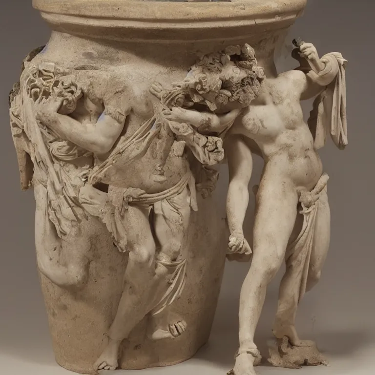 Prompt: A heartbroken Dionysus drinks wine and dances, ancient greek pottery vases