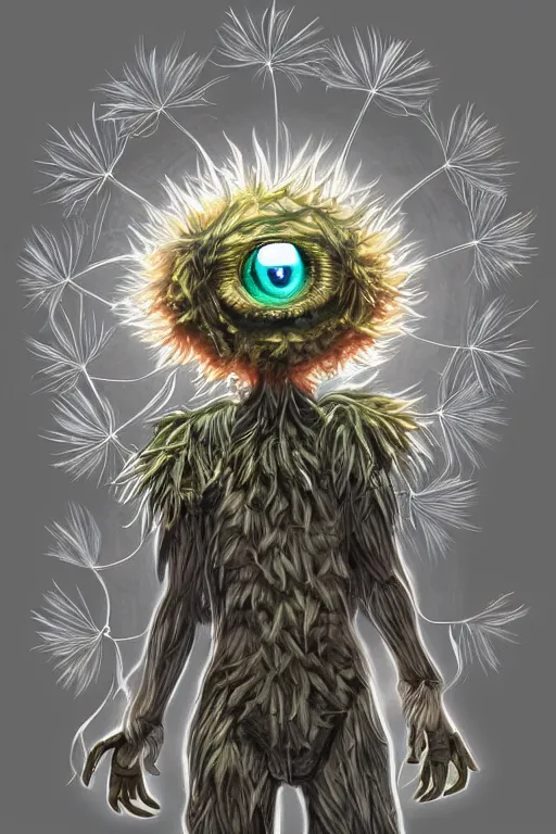 Image similar to a humanoid figure dandelion monster with large glowing eyes, highly detailed, digital art, sharp focus, trending on art station, artichoke, anime art style