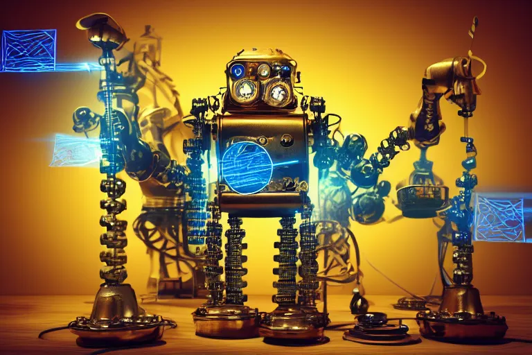 Image similar to photo of a golden and blue metal steampunk office robot with gears and tubes sitting in an office, on the office table and floor is a mountain of money bills, eyes are glowing red lightbulbs, moneybills all over the place, shiny crisp finish, 3 d render, 8 k, insaneley detailed, fluorescent colors, background is multicolored lasershow