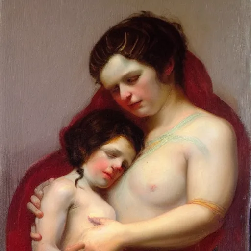 Prompt: Painting in the style of roberto ferri of a mother holding her kid