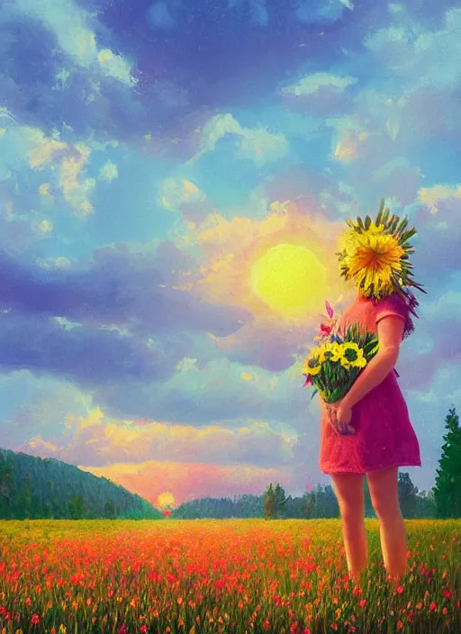 Image similar to girl with flower head, in a field with flowers, hills, big trees, sunrise dramatic light, impressionist painting, colorful clouds, digital painting, pointillism, artstation, simon stalenhag, flower head