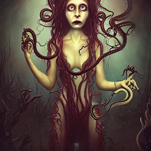Prompt: happy lovecraftian swamp monster with tentacles by tom bagshaw