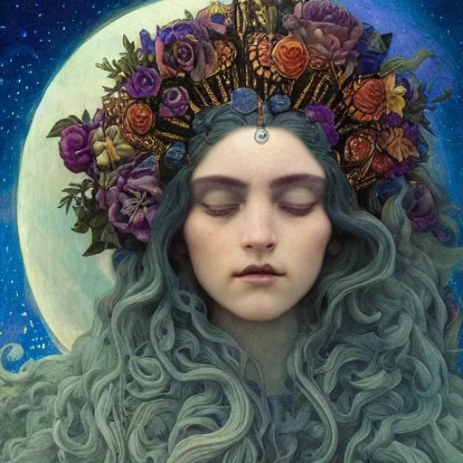 Prompt: queen of the moon with stars in her hair, by tino rodriguez and annie swynnerton and nicholas roerich and jean delville and donato giancola and tom bagshaw and evelyn demorgan and diego rivera, dramatic lighting, floral tattoos, rich colors, smooth sharp focus, extremely detailed, adolf wolfli