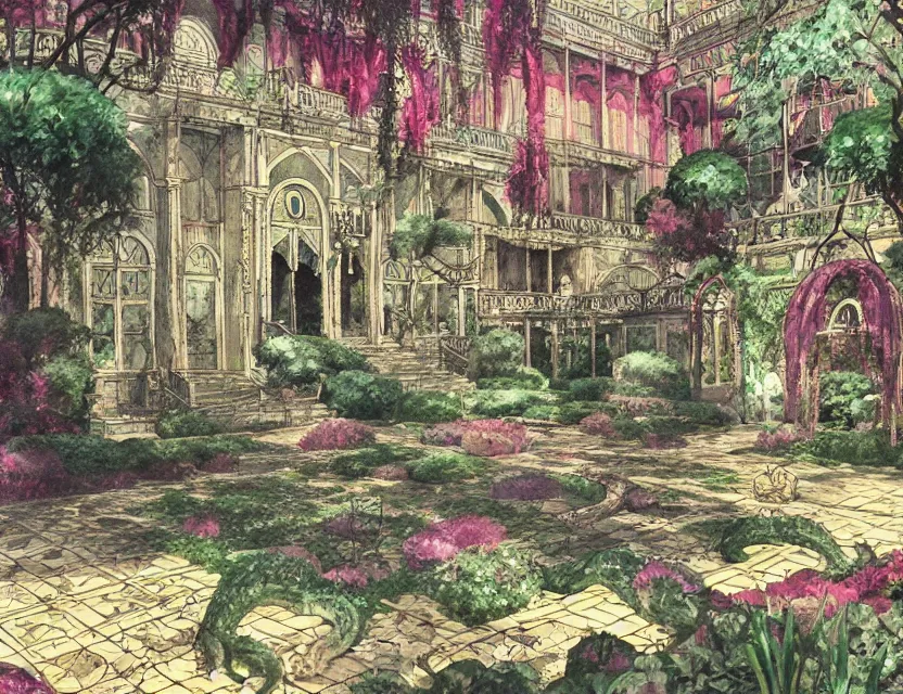 Prompt: lovecraftian persian palace garden. this watercolor painting by the award - winning mangaka has dramatic lighting, an interesting color scheme and great use of air perspective.
