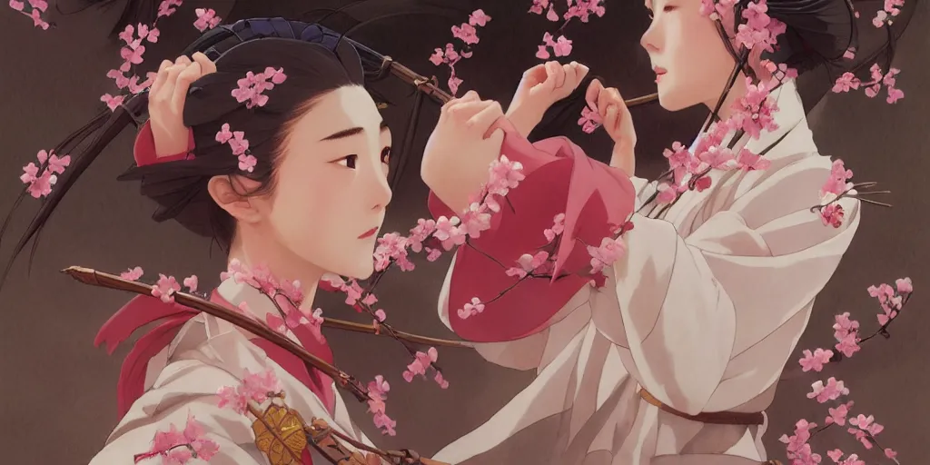 Image similar to wuxia, cherry blossom, in the style of studio ghibli, j. c. leyendecker, greg rutkowski, artem