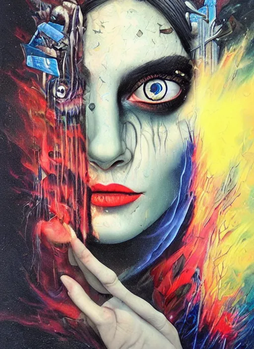 Image similar to incredible magic cult psychic woman, symmetrical painted face, third eye, energetic consciousness psychedelic, epic surrealism expressionism symbolism, story telling, iconic, dark robed, oil painting, layers on layers on layers, dark myth mythos, by Sandra Chevrier , Bruce Pennington, masterpiece