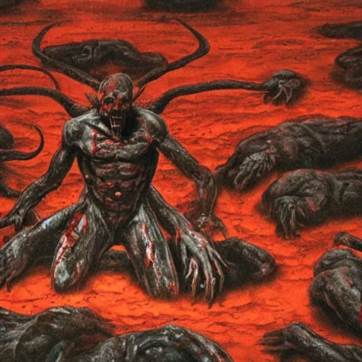 Image similar to demon eating man flesh on a huge pile of dead bloody bodies, rivers of blood running down, black ground, black sky, red sun