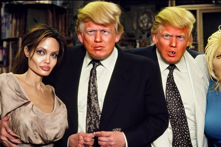 Image similar to Angelina Jolie, boris johnson, The Alien from the movie 'Alien', dolly parton, donald trump are best friends, on set of Friends TV show, still photo, hyperrealistic, 35mm, 8k, by weta digital