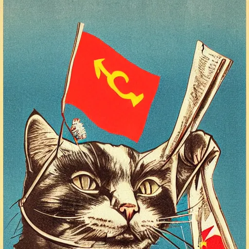 Image similar to cat on a communist propaganda poster, highly detailed, fear inducing, vintage