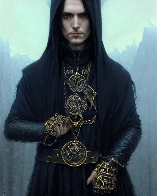 Image similar to handsome mage looking into the distance, long black hair wearing leather mantle gothic navy cloak with gold details, cave town, fantasy character portrait, hyperrealism, concept art, intricate details, highly detailed by greg rutkowski, ilya kuvshinov, gaston bussiere, craig mullins, simon bisley