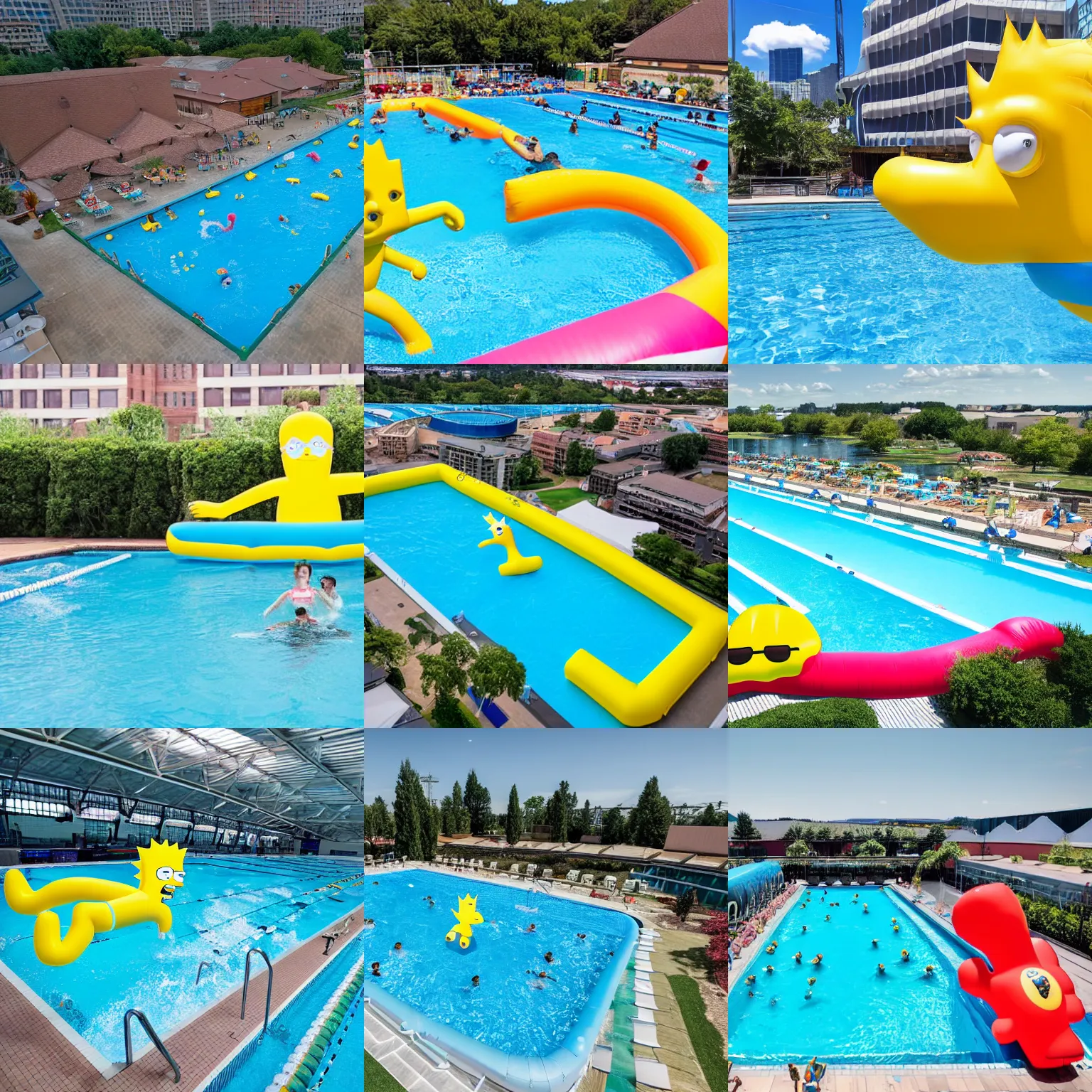 Prompt: a massive swimming pool with a small inflatable bart simpson floating in the center