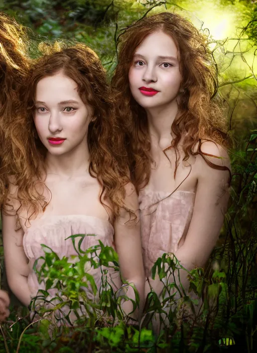 Image similar to a headshot portrait of three happy nymphs in the forst, extremely realistic and highly detailed 8 k, sharp focus, atmospheric lighting, dramatic volumetric lighting, extremely realistic faces