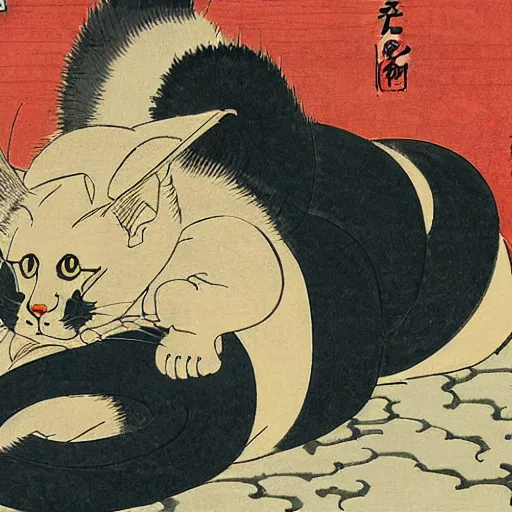 Prompt: japanese cat, ukiyo-e, by Hokusai, by Kuniyoshi