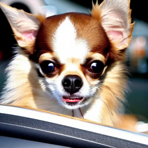 Prompt: chihuahua driving a car while barking