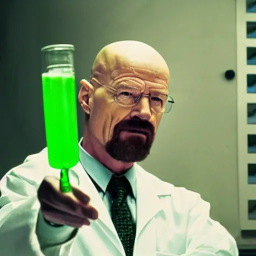 Image similar to movie still, walter white from breaking bad, in a lab coat, holding a beaker of green liquid