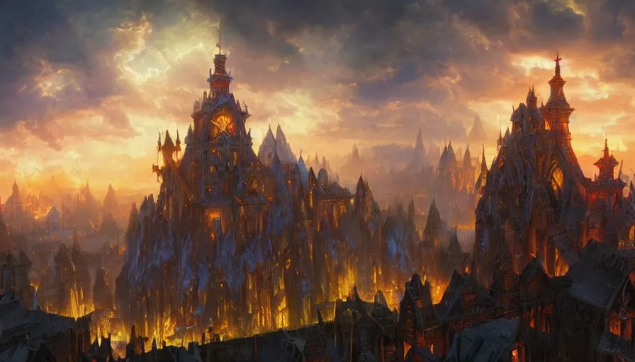 Prompt: a beautiful photo realistic still image of stormwind from the warcraft movie, warm colors, by greg rutkowski, trending on artstation, masterpiece,