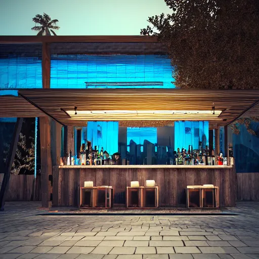 Image similar to a bar made with translucid fabric, water in front, parametric, blue hour, hyperrealistic, elevation, vray, unreal engine, trending on artstation