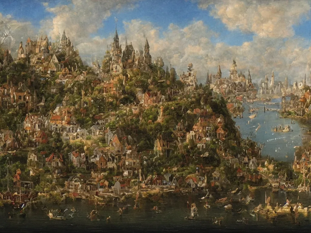 Image similar to an old enchanted fantasy town, viewed from the harbor, by jean - baptist monge,