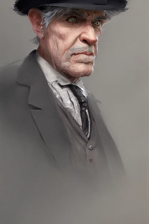 Image similar to a grey hair ageing halfling short with stubble top hat and suit by Greg Rutkowski, painting, HD, high details, trending on artstation