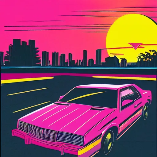 Prompt: retro box cover art of a synthwave car sitting in front of a sunset in miami, 8 0's vhs box cover art, retro, painting