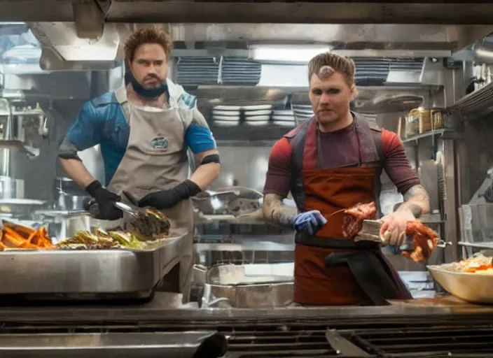 Prompt: film still of Rocket Racoon working as a food truck chef in the new Guardians of the Galaxy movie, 4k