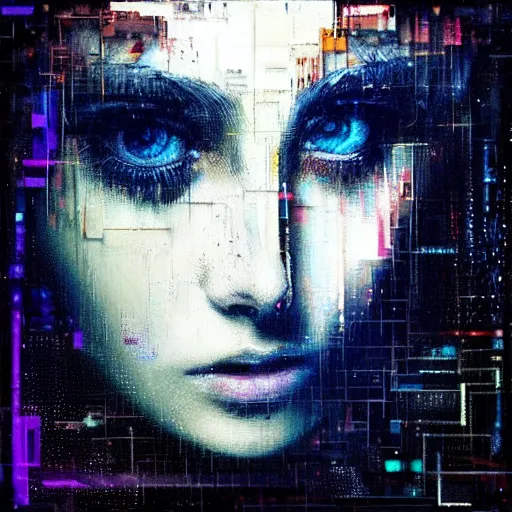 Prompt: hyperrealistic portrait of a young women with shining crystal eyes, by Guy Denning, by Johannes Itten, by Russ Mills, centered, glitch art, hacking effects, digital tech effects, cyberpunk, color blocking! , oil on canvas, intricate detail, concept art, abstract, detailed lines, clean, polished, symmetrical eyes, symmetrical, octane, cgsociety, 8k, trending on artstation