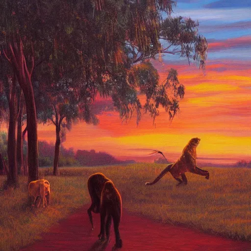 Prompt: high definition oil painting of walking the lion in a park in sydney australia at sunset