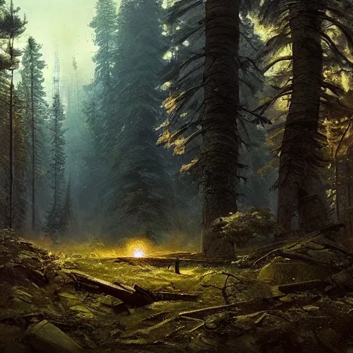 Image similar to mysterious glowing nuclear reactor, woods and wilderness, Ivan Shishkin and Greg Rutkowski