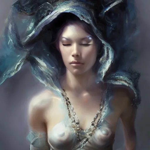 Image similar to a painting of a cloud goddess with a veil on her head, a hyperrealistic painting by Raymond Swanland, featured on cgsociety, fantasy art, daz3d, artstation hd, hyper-realistic